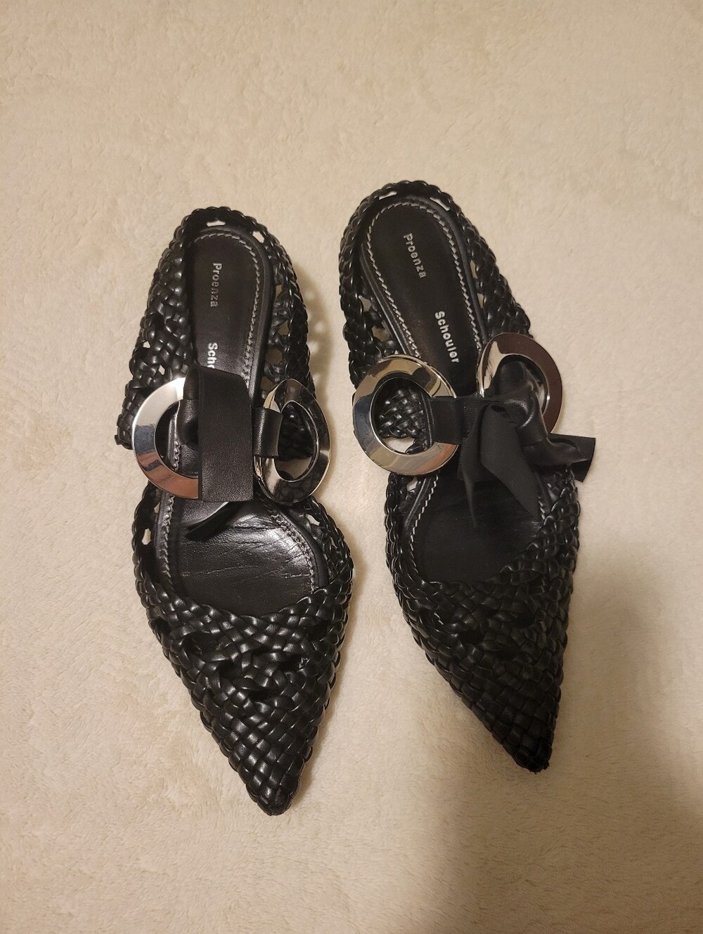 Proenza Schouler Black Woven Pointed-Toe Slip-On Mules with Silver Rings
